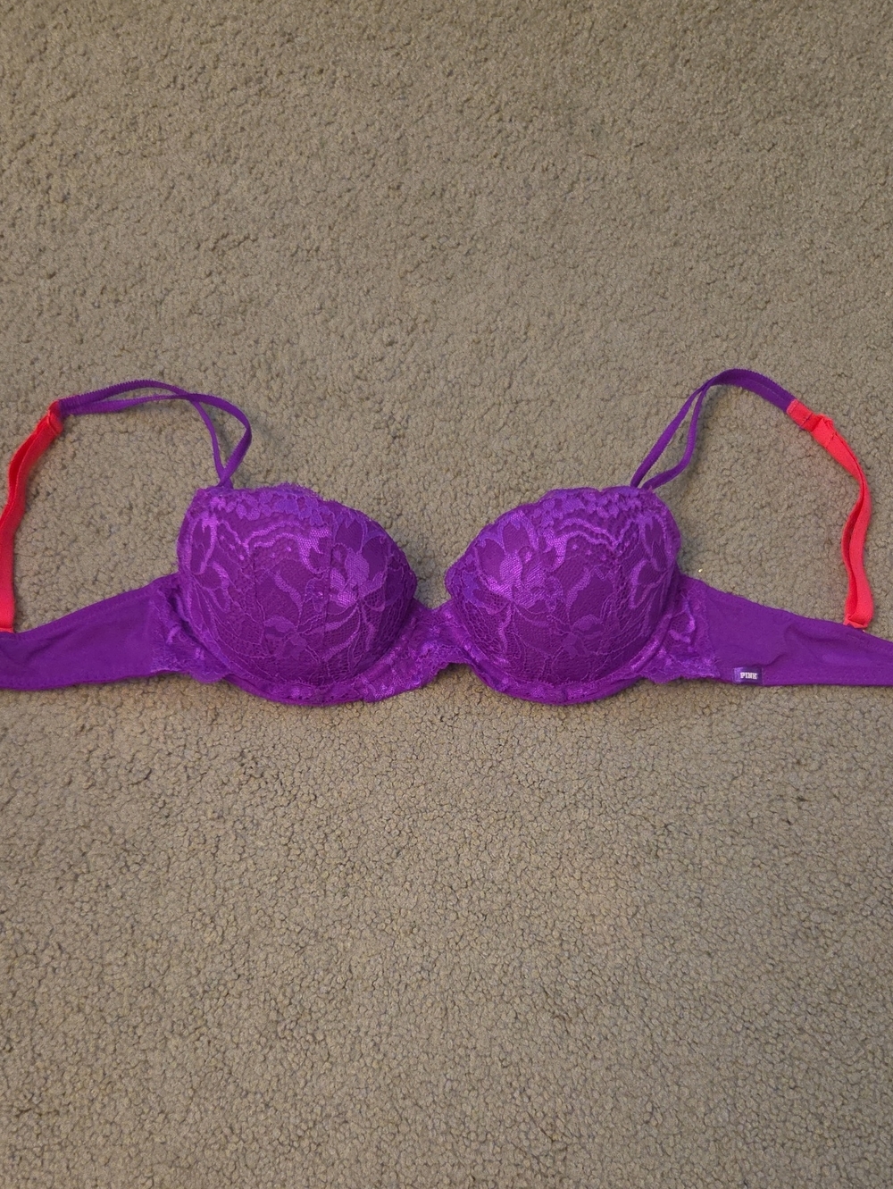 PINK Victoria's Secret Purple Lace Push-Up Bra with Coral Straps